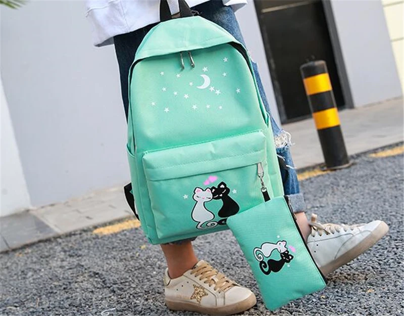 4 шт./партия, комплект холщовых рюкзаков, милый школьный ранец с принтом кота для девочек-подростков, сумка на плечо+ Сумка-карандаш, композитный, большой емкости