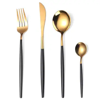 

Brandom High Quality Stainless Steel Dinnerware Set Gold Cutlery Set Knife Fork Spoons With Black Handle
