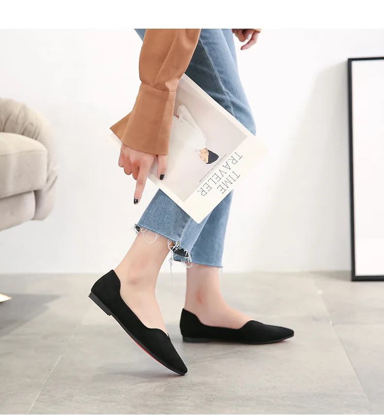 Spring Women Flats Black Pointed Toe Ballet Flats Shallow Boat Shoes Woman Flock Casual Shoes Female Loafers Apricot Pink