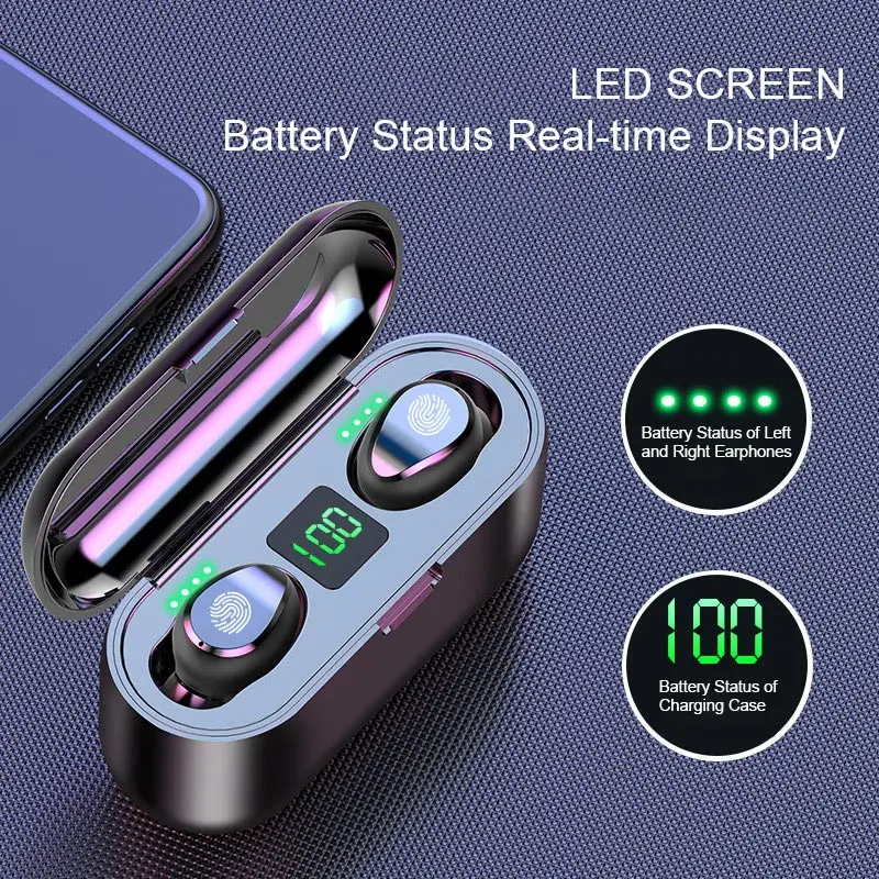 TWS F9 5 0 Bluetooth Wireless Earphone LED Display Touch Control Noise Reduction HIFI Stereo Headset As Power Bank Phone Holder