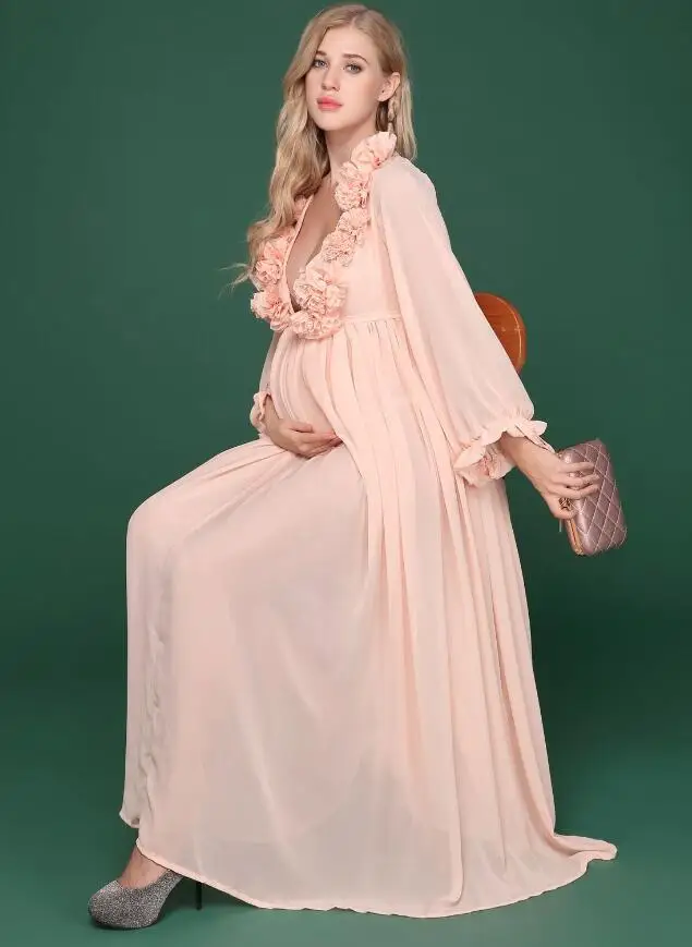 Шифоновое бальное платье с цветочной аппликацией для беременных, платья для фотосессии, длинные платья для беременных - Цвет: Розовый
