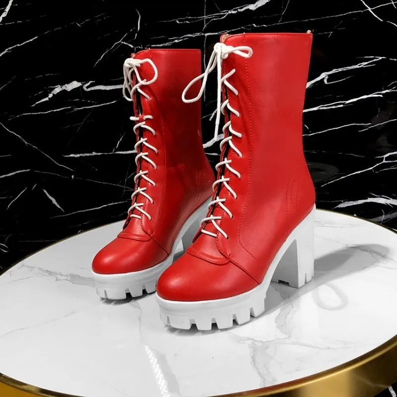 

Martin Boots Autumn and Winter New Fashion Round Head Lace-up Thick Heel High Heel Middle Tube Women's Shoes Size 34-43 Black