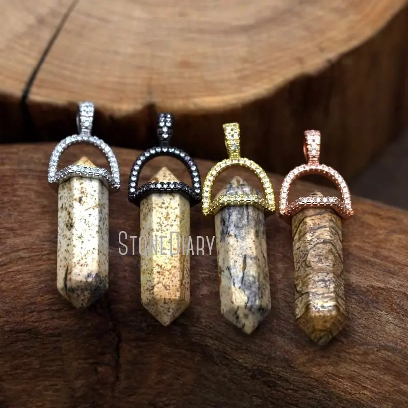 

PM7418 Picture Jasper Faceted White Cubic Zirconia Double Terminated Point Hexagonal Prism Pendant Jewelry 32x8mm