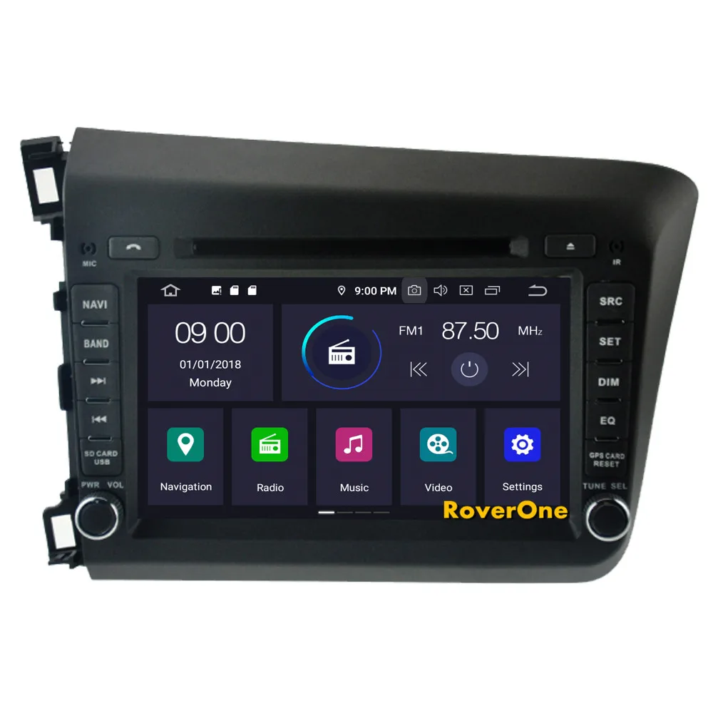 Discount RoverOne Car Multimedia Player For Honda For Civic 2012 2013 2014 Android 9.0 4G+64G DVD GPS Navigation Stereo Radio Bluetooth 4