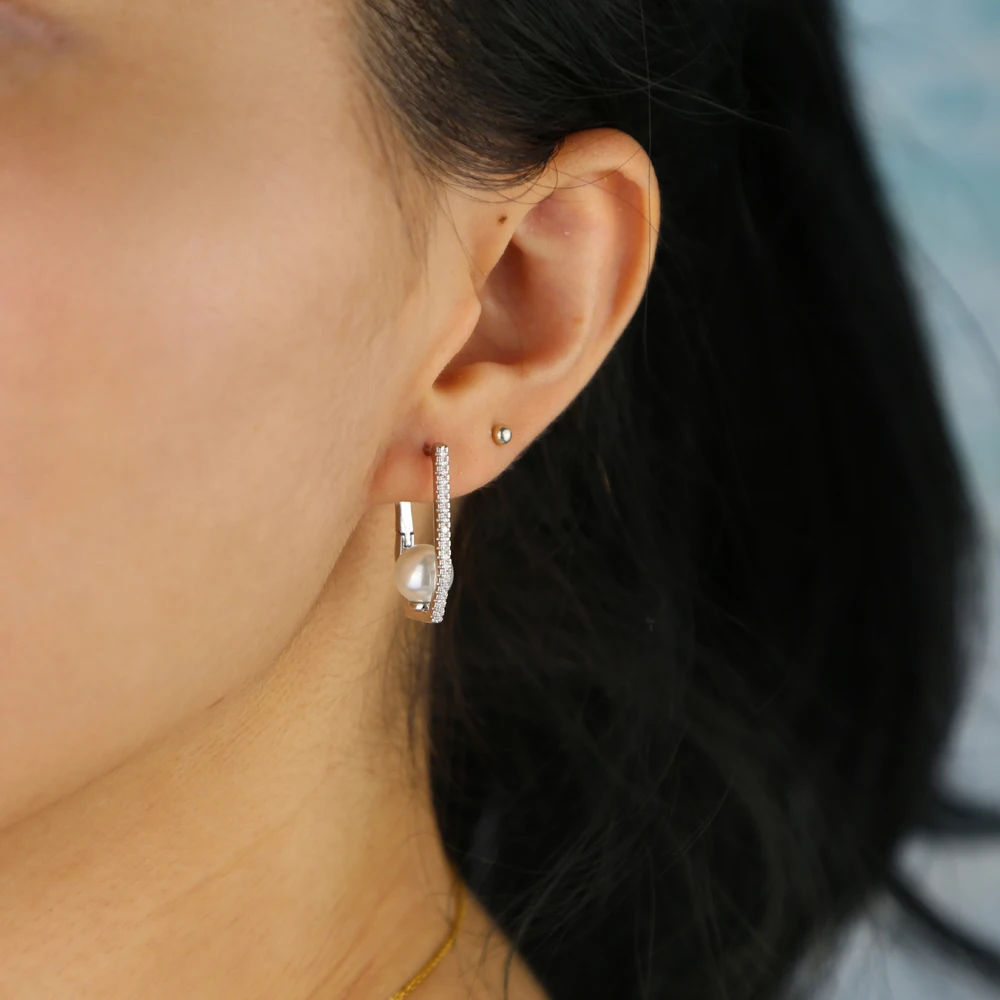 dropshipping small hoop earring with cz pearl paved fashion cute women wedding earring jewelry for xmas festival gift