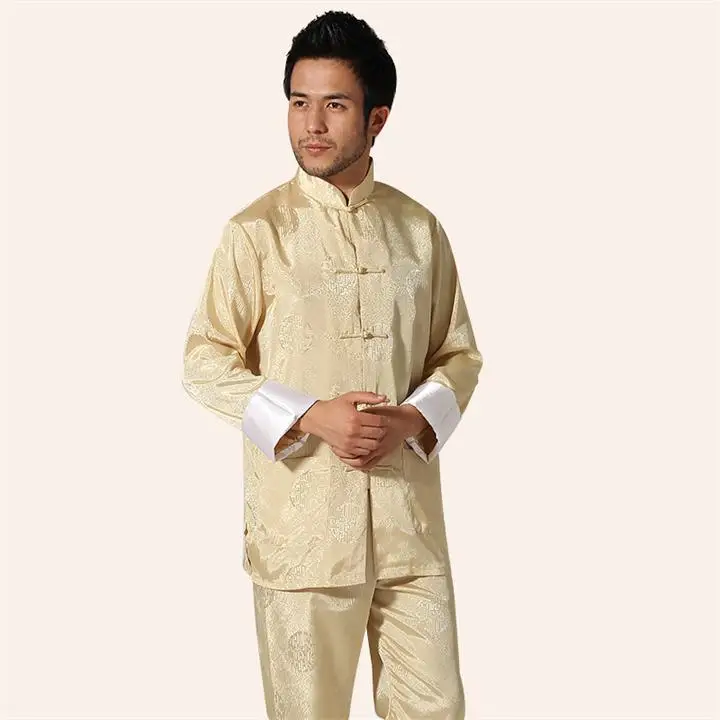 Китайский традиционный мужской атлас, искусственный шелк кунг-фу костюм Винтажный Длинный Рукав тайцзи ушу униформа Одежда M L XL XXL 3XL L070602 - Цвет: Бежевый