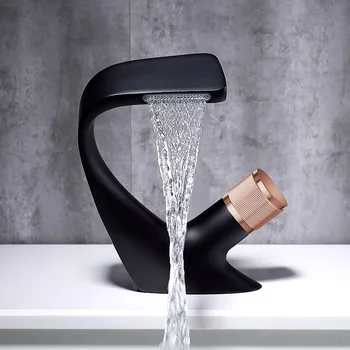 Black Rose Gold Basin Waterfall Mixer Tap
