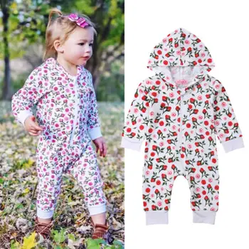 

2019 Spring Newborn Baby Girls Flower Print Long Sleeve Romper Jumpsuit Zipper Playsuit Cotton Outfits Clothes 0-18M