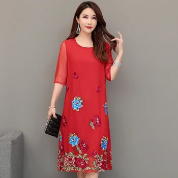 

Summer Plus Size Three Quarter Sleeve Applique Embroidery Floral VogueDress Vintage Elegant Faux Silk Crumpled Chiffon Dresse