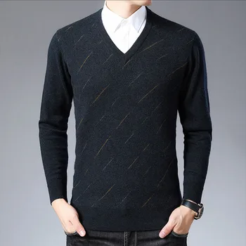 

E 100% pure wool sweater men V-neck sweater business casual loose sweater men 2020 new men's sweater bottoming shirt