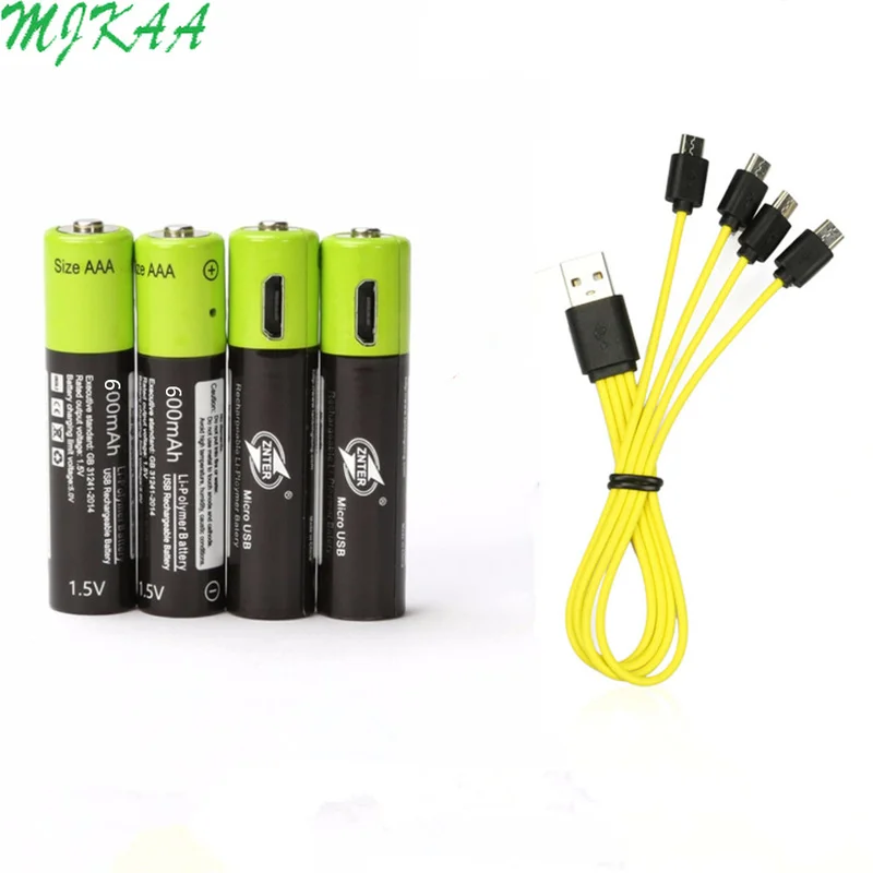 Goedkoop Hot selling ZNTER 4 Stuks 1.5V AAA Oplaadbare Batterij 600mAh USB Lithium Polymer Batterij Quick Opladen door micro USB Kabel