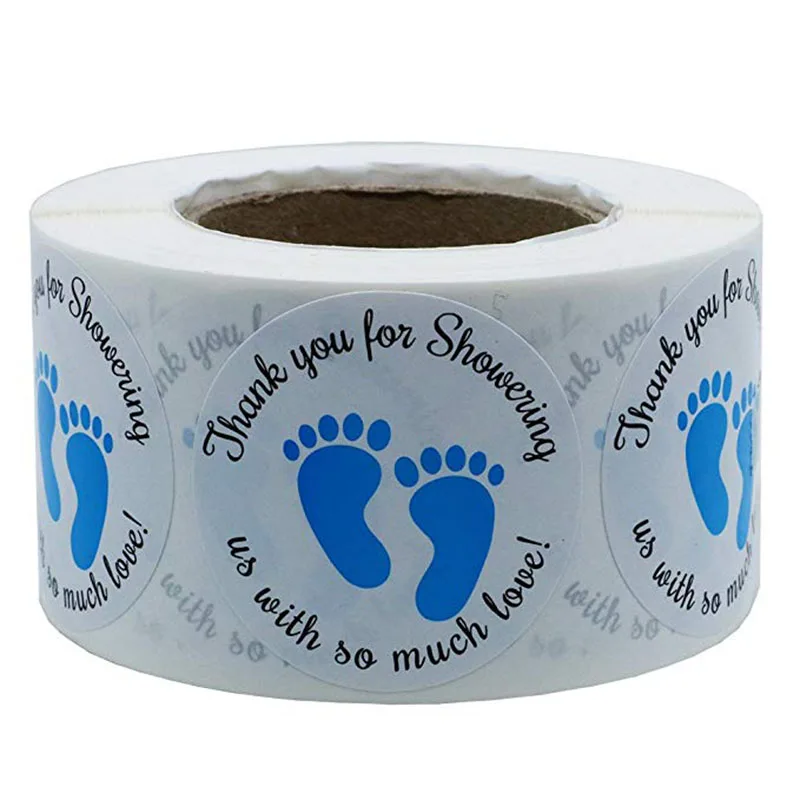 

500PCS Baby Shower Stickers Thank You For Showering Us with So Much Love Blue Foot Print Stickers Label Footprint Tags Round
