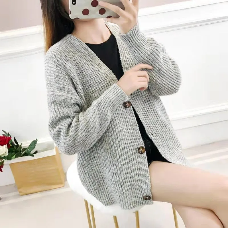 KANCOOLD Winter Women Knitted Cardigan Swearter V Neck Lantern Long Sleeve Solid Loose Thick Knitting Cardigan Female 5 Colors - Цвет: GY