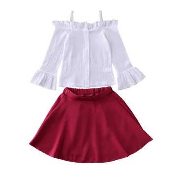 

1-6Y Infant Baby Girls Kids Clothes Sets Off Shoulder Single Breasted Sling Flared Sleeves Tops T-shirt Ruffle Skirt Clothes