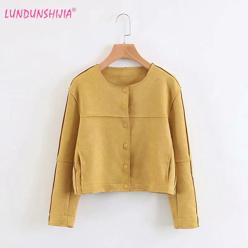 

LUNDUNSHIJIA 2019 New Spring Autumn Fashion Women's Yellow Chamois Coat Ladies Short Style Loose Overcoat Female Jacket