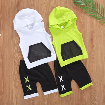 

Baby Boys 1T-5T Patchwork Sleeveless Vest Hooded Tops+ Shorts Outfits Sets Baby Clothes Casual Cute Infant Cotton Outfits