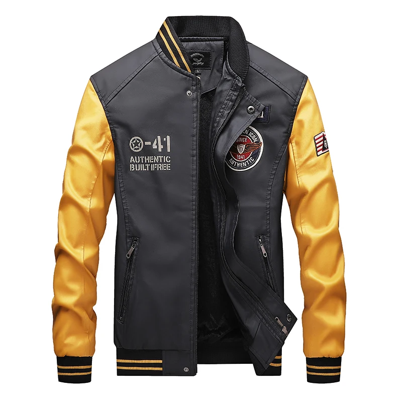 yellow black jacket Мужские пальто из искусственной кожи, синий цвет, Осень-зима, куртка пилота, пэчворк, черные куртки, искусственная кожа, новинка, повседневная мужская куртка, верхнее пальто - Цвет: yellow black jacket
