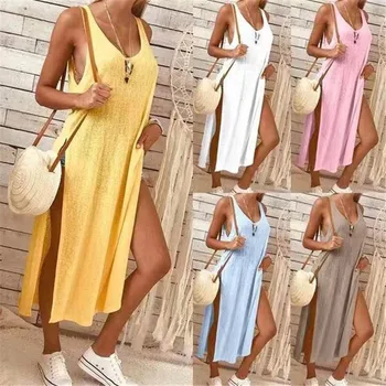 

Pop Solid Color Deep V Split Vest Dress Evening Party Summer Beach Casual Long Sundress Pop 88