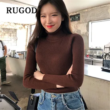 

RUGOD Korean New Style Chic Elegant Slim Fit Solid Color Knitted Sweater Elegant Turtleneck Pullover Fashion 2019 Winter Tops