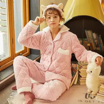 

Autumn Winter Women Flannel Pajamas Set Solid Thickened Warm Nightwear Long Sleeves Pants Plus Fleece Sleepwear Home Clothing
