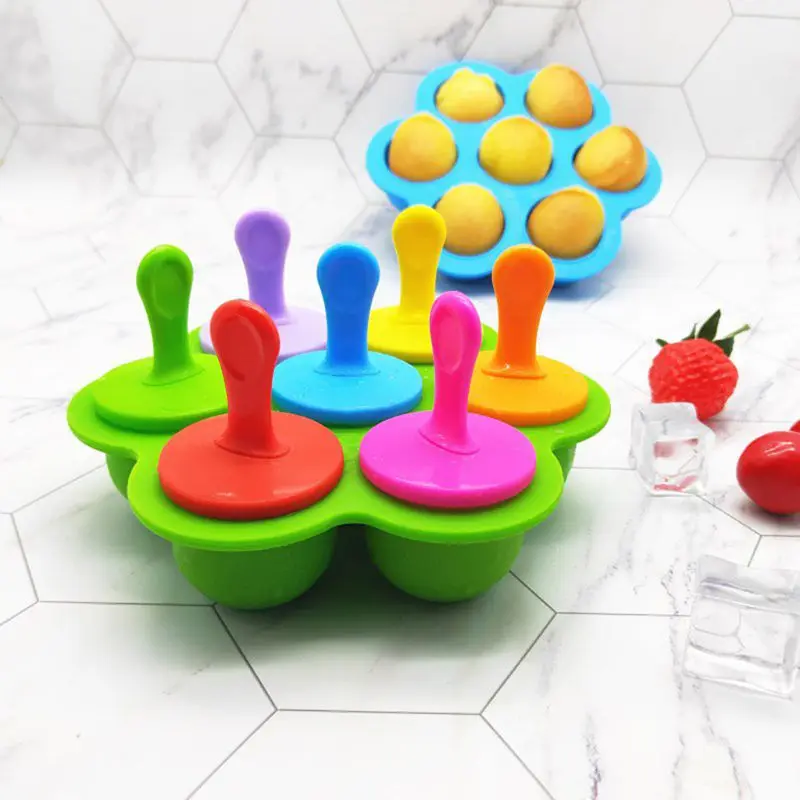 

7 Cell Silicone Mini Ice Pops Mold Ice Cream Ball Lolly Maker Popsicle Mould Baby DIY Food Yogurt Icebox M0XD