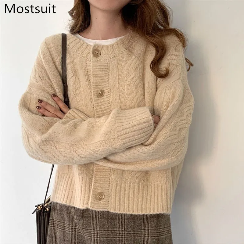 Twisted Knitted Vintage Women Cardigan Sweater Single-breasted O-neck Loose Fashion Female Jumpers Tops Femme 2021 |