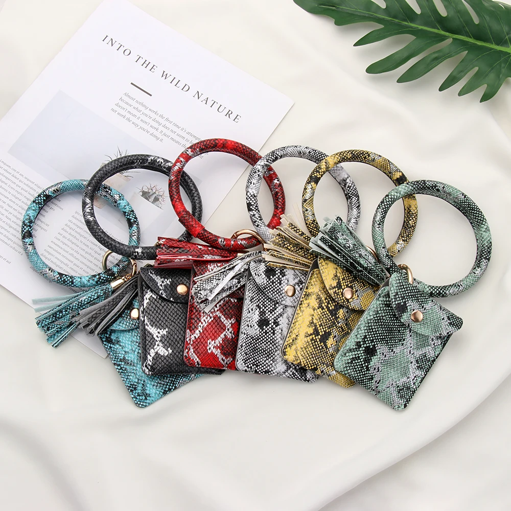 Hot Fashion Bangle Wallets Wristlet Keychain ID Card Holder Bracelet Key  Ring Tassel Snake Skin Pattern