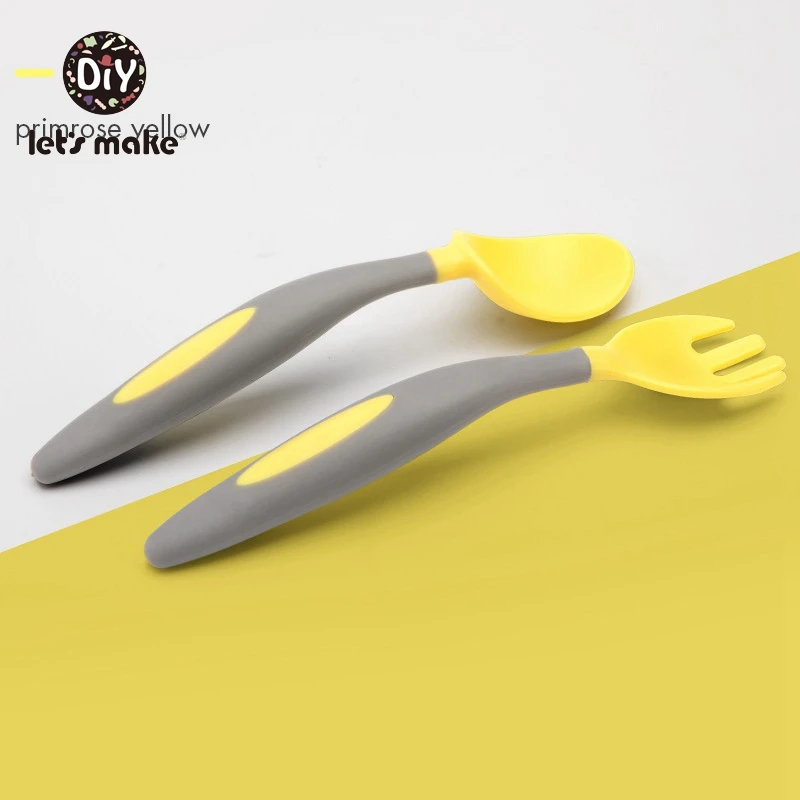yellow Let's Make набор ложка и вилка для детей, 2 шт., с коробкой для хранения, гибкая детская обучающая посуда, столовые приборы, детская посуда - Цвет: yellow