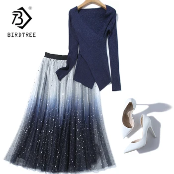 

2020 Spring Autumn New Retro Slim V Neck Long Sleeve Knitted Sweater+Mid-Lengthm Mesh Yarn Women Dresses 2 Piece Set D9D304M