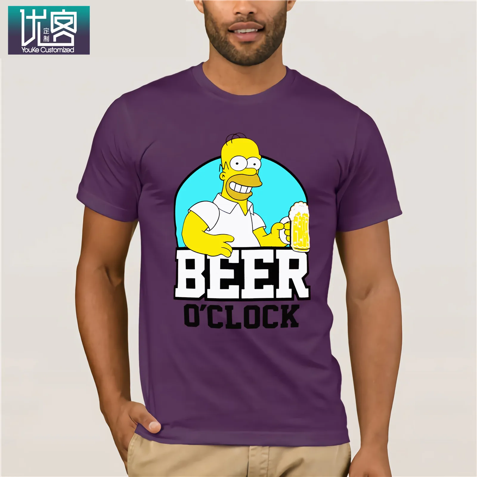 The Simpsons-BEER Clock-Homer Simpson, Мужская футболка, красные размеры, S-XXL, Забавные футболки, хлопковые топы, футболка, винтажный вырез лодочкой - Цвет: purple