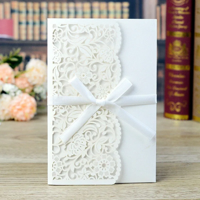 White Cover inner 1 штука; лазерная резка свадебные приглашения карты, кружевное платье с цветочным рисунком поздравительная открытка по индивидуальному заказу с открытка RSVP Лента Свадебная вечеринка поставки - Цвет: White Cover inner