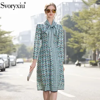 

Svoryxiu High Quality Casual Women's Midi Dresses V-neck Stripe Printing Simple Fashion Runway Dress + Belt