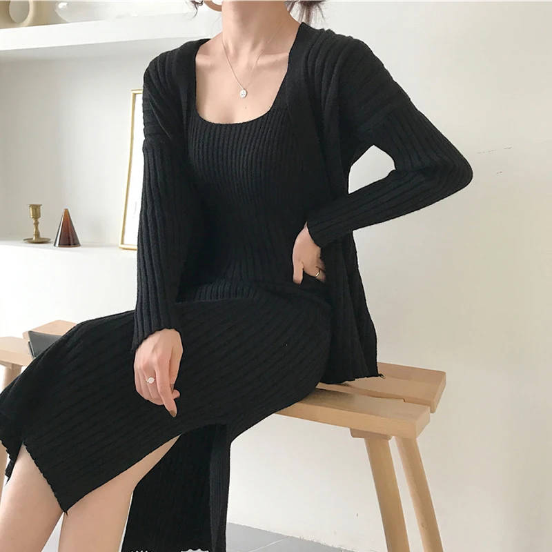 Autumn and winter new versatile slim fashion sexy knit cardigan suit strap dress women's autumn and winter foreign two-piece women