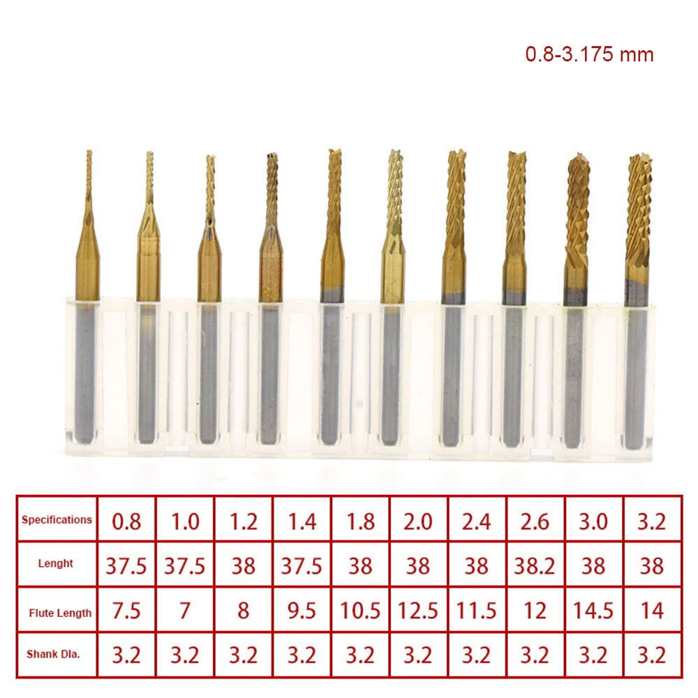 10Pcs 0.8-3.175Mm Pcb Drill Bits 1/8 Inch Cnc End Mill Engraving Cutter Set For Power Tools