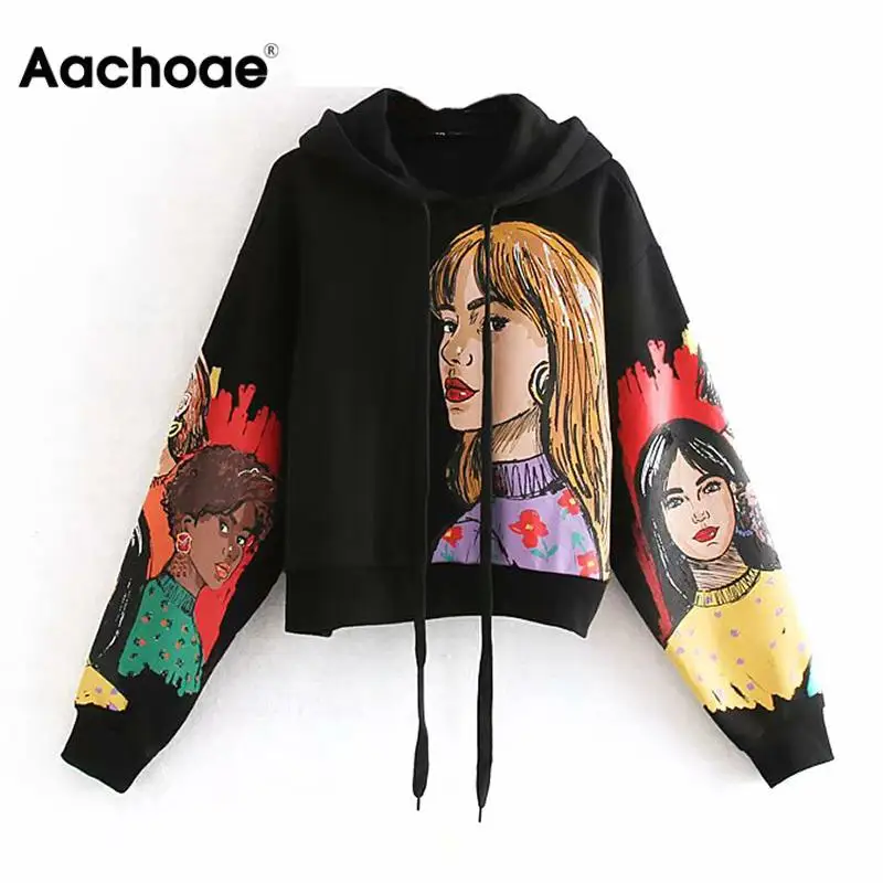  Streetwear Character Print Hooded Hoodies Women Long Sleeve Loose Black Sweatshirts Pullover Tops A