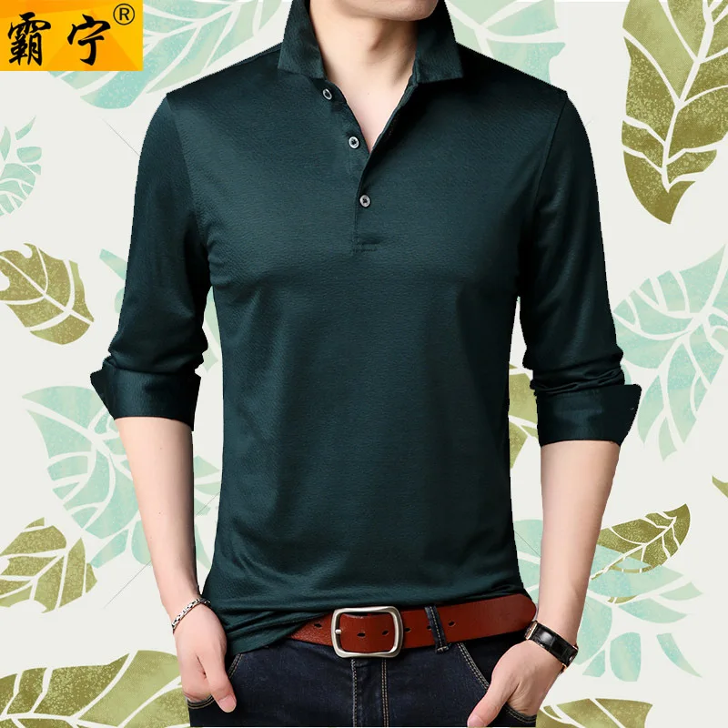 

201 Spring New Style Mulberry Silk Long-sleeved T-shirt Men's Fold-down Collar Solid Color Top Grade Business Casual Large Size