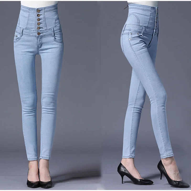 Plus Size High Waist Button Up Skinny Pencil Jeans 4Xl 5Xl Sexy Women Spring Back Lace Up Slim Fit Light Gray Casual Long Jeans