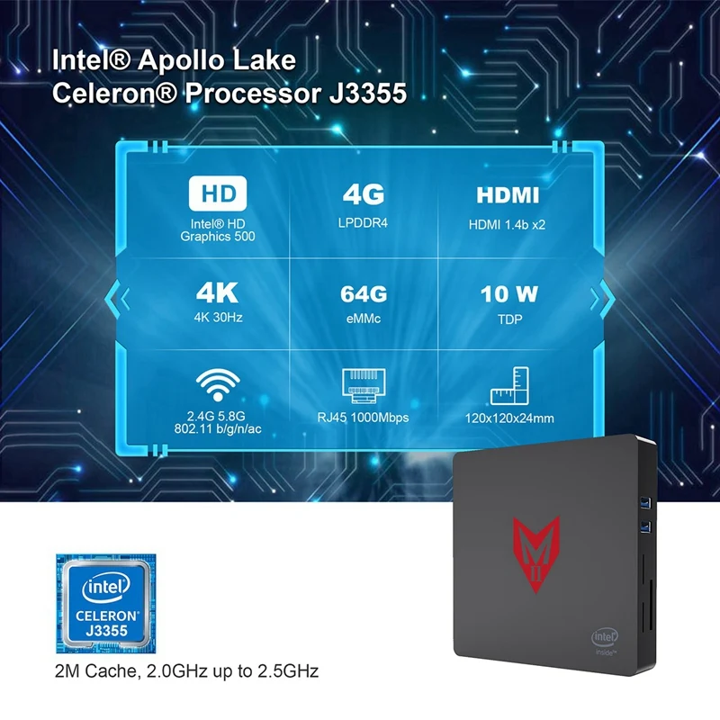 Mii Мини ПК Intel Apollo Lake J3355 4 Гб + 64 Гб офисный компьютер 4K Hdmi Usb3.0 Gigabit Ethernet Windows 10 Мини компьютер