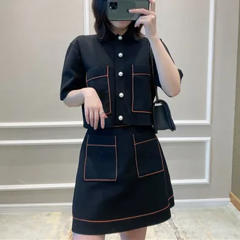 

2020 Spring Women Knit Suit Set Turn-down Collar Short Sleeve Buttons Cardigan Top A-line Pockets Skirt