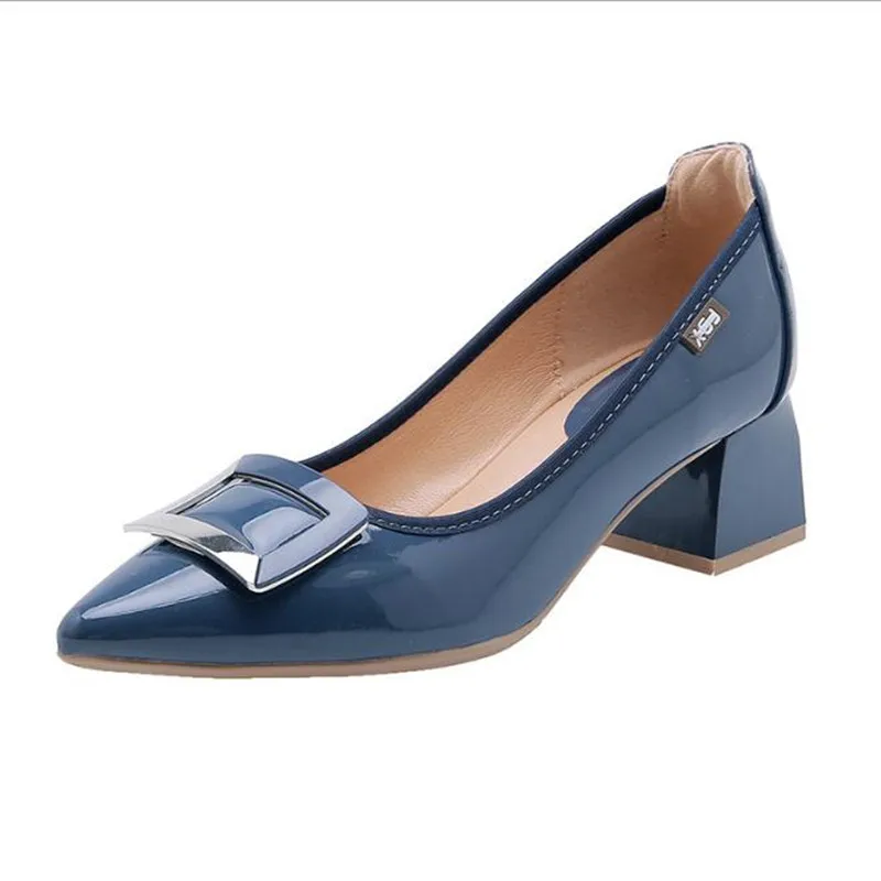 

2019 new autumn pointed light mouth fashion shoes square buckle thick with high heels Women's shoes mid heel Work shoes female