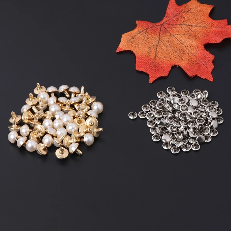 100x Imitation Pearls with Rivets Studs for Leather Bag Shoes Clothes Crafts Decor