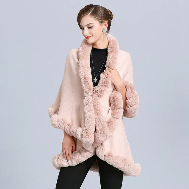 pink Новинка года; зимнее вязаное пальто с воротником из искусственного лисьего меха в европейском стиле; женский кардиган с широкими рукавами; шаль; плащ; куртки; F208 - Цвет: pink