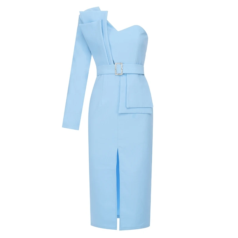INDRESSME, новинка, пряжка на пояс, передний разрез, Vestidos, модное, на одно плечо, с длинным рукавом, плиссированное, укороченные, женские, вечерние, облегающее платье - Цвет: Baby Blue