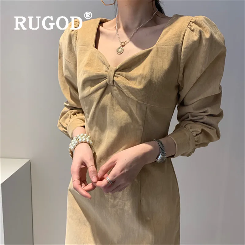 Женское вельветовое платье RUGOD Simplee однотонное в стиле ретро с бантом и длинными