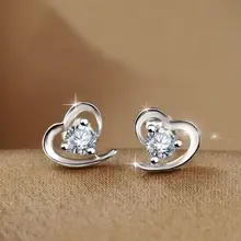 Модные циркониевые серьги-гвоздики в форме сердца для женщин, серебряные геометрические Стразы в форме сердца, ювелирные изделия