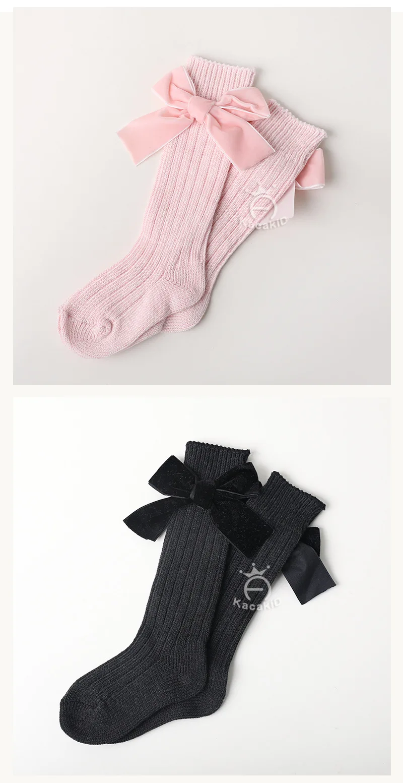 Kacakid/зимние вязаные носки для маленьких девочек милые кружевные гольфы для девочек детские длинные носки теплые хлопковые бархатные чулки принцессы с бантом