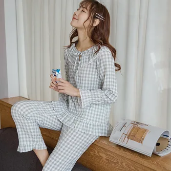

Wmyqdlq Spring And Autumn New Pajamas Manufacturers Ladies Long-Sleeved Trousers Suit Interwoven Cotton Silk Plaid Home Service