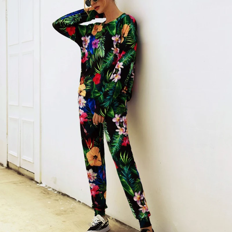 

Women suits Fashion Casual Tops and floral Pants Printed Long Sleeve Pullover Sports Outfits 2pcs