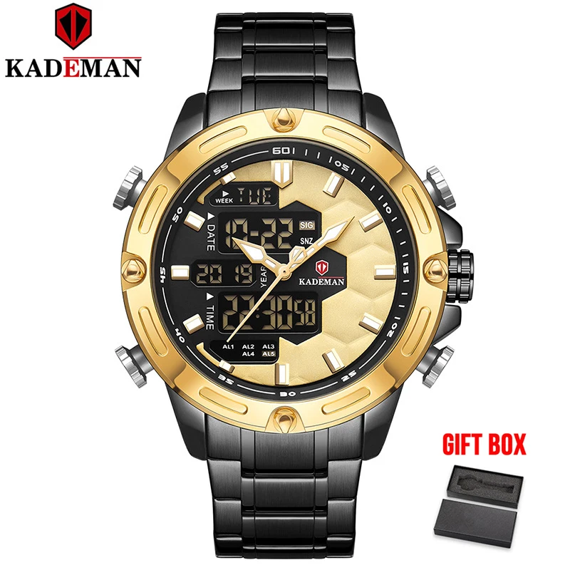 gold KADEMAN,, Топ бренд, Роскошные мужские часы, светодиодный, двойной ход, мужские, t, спортивные, цифровые, водонепроницаемые часы, кварцевые наручные часы, Relogio Masculino - Color: gold