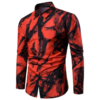 

Ink painting Men Dress Shirt streetwear Men's Long Sleeve grey red big Size man Evening dress Shirts camisa masculina